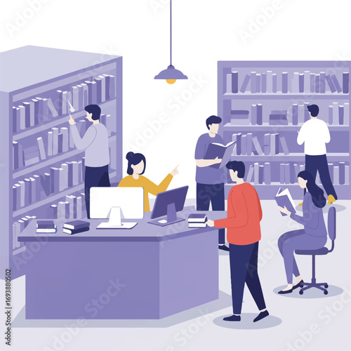 A helpful librarian assists a patron holding a book at an information desk, pointing to a bookshelf with other library users reading, in a clean 2D flat vector illustration.