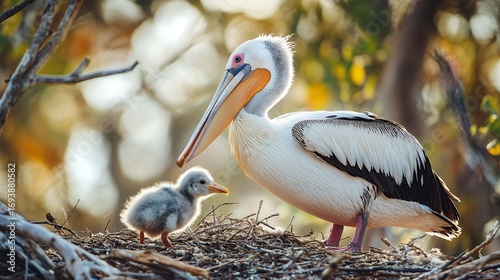 A pelican with her chick in a nest, highlighting the nurturing bond and care in avian life