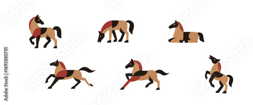 Minimalist geometric horse illustration poses - standing, jumping, running, modern flat design