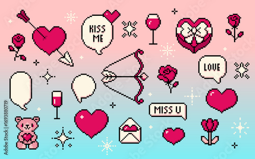 Cute 8 bit set with pixel valentine retro icons for romantic design, red heart pierced arrow, bow, speech bubble with love and wine glass. Envelope and teddy bear element, dating game or greeting card