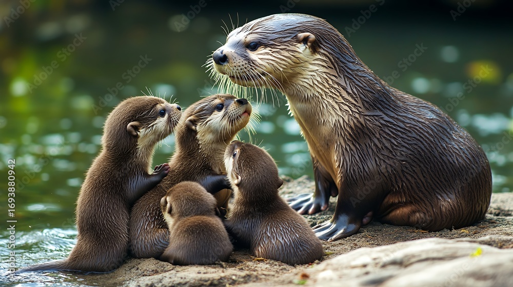 Obraz premium A family of otters gathers by the water, displaying their playful nature and strong family bonds