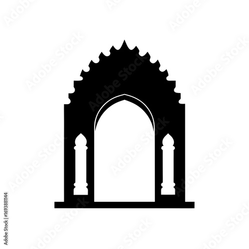 Silhouette of an ornate gothic style archway on transparent background