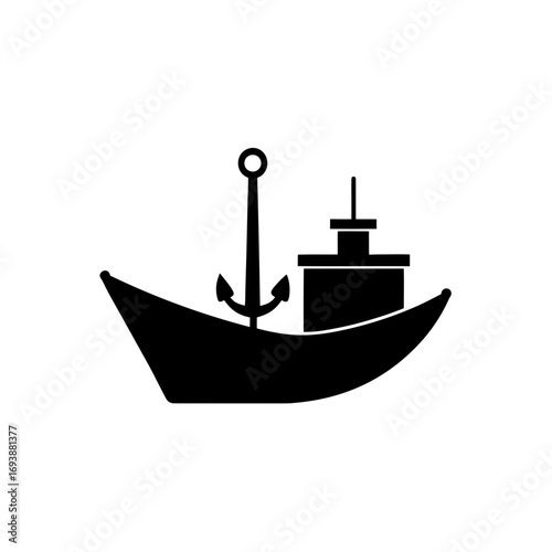 Silhouette of a boat with an anchor icon on transparent background