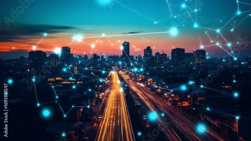 Cityscape at twilight showcasing connected network of digital nodes overlaid on urban infrastructure with lines and glowing lights over vibrant colors