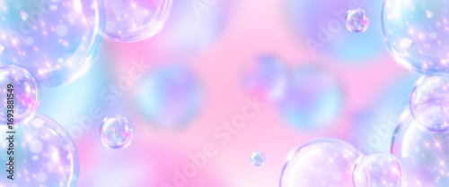 Ethereal sparkle bubble bg with floating iridescent spheres on pastel gradient background for dreamy aesthetic design. Translucent holographic orbs with pink and blue glow for beauty wellness graphics