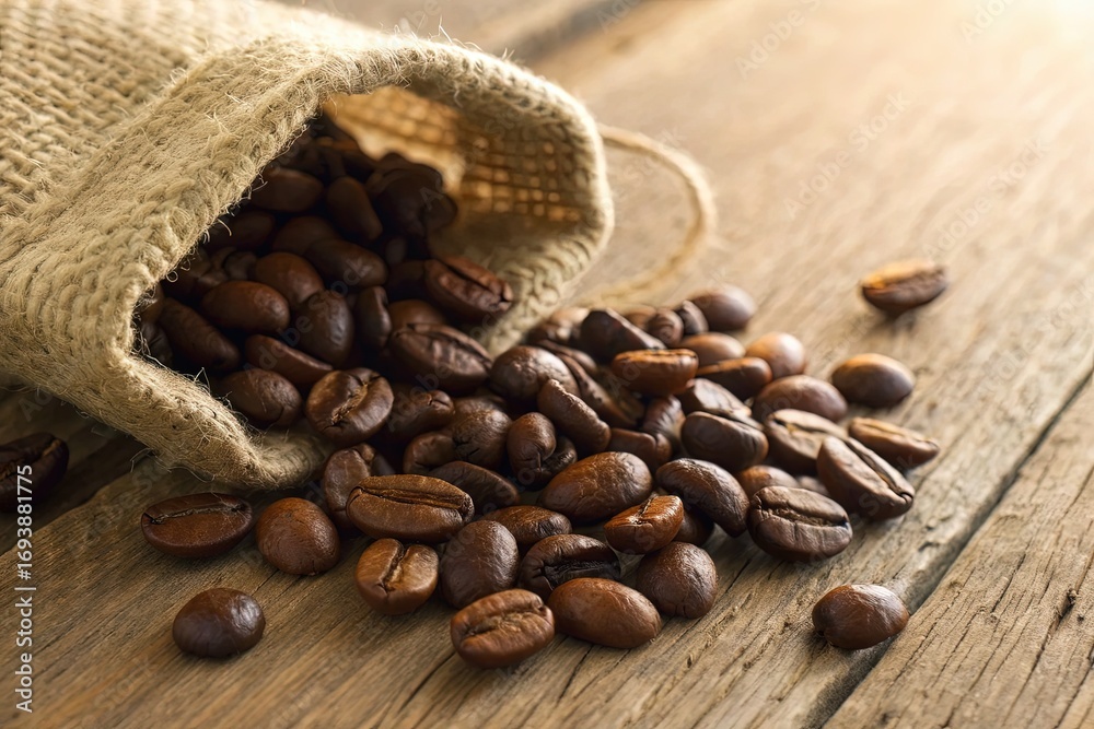 Fototapeta premium Freshly roasted coffee beans spilling from burlap bag onto wooden surface