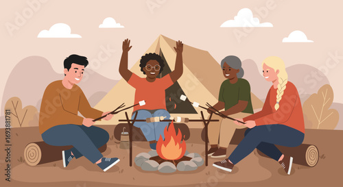 Minimalist flat illustration of diverse friends camping with a tent, sitting around a bonfire, cooking marshmallows, and enjoying outdoor adventure
