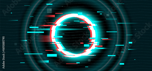 Glitch frame ring with bug distortion and cyan red digital artifacts for futuristic interface. Circular border with noise lines and data corruption effects. Cyberpunk design for tech game overlays.