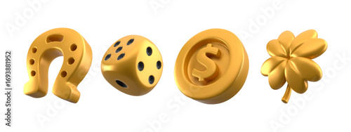 Golden 3d casino icon set with horseshoe and dice, dollar coin and four leaf clover for gambling interface. Metallic luck symbols. Fortune gaming assets for online betting or slot machine designs.