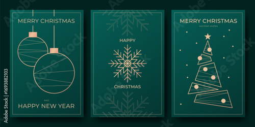 Elegant Christmas holiday card designs with minimalist motifs for greetings - green backgrounds with golden line art of snowflake and baubles, xmas tree with ornaments, festive wishes