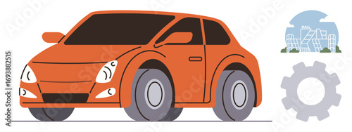 Orange compact car paired with a cityscape and gear element, symbolizing urban mobility, sustainability, mechanics, and innovation. Ideal for transportation, design, technology, eco-friendliness