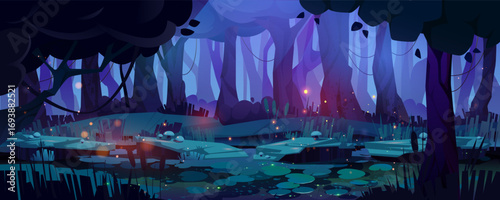 Mystical forest swamp landscape with glowing fireflies and purple twilight for fantasy game background. Dark trees, luminescent pond with lily pads, magical lights. Enchanted woodland scene.