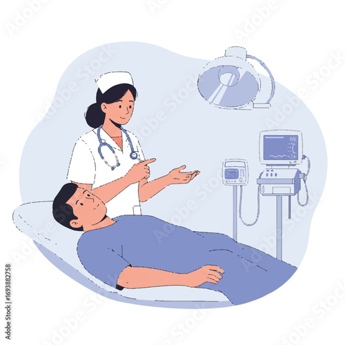 A reassuring nurse in a flat 2D vector illustration calmly explains a medical procedure to a patient in a simplified hospital room setting with visible equipment.