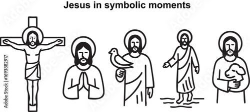 Vector illustration of Jesus in symbolic moments, crucifixion, prayer, dove, walking on water, lamb