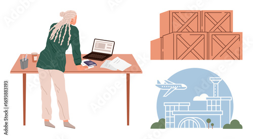 Manager reviewing work documents on desk with laptop, stack of cargo boxes, and airport terminal with airplane. Ideal for logistics, supply chain, export, transport, strategy, management simple flat