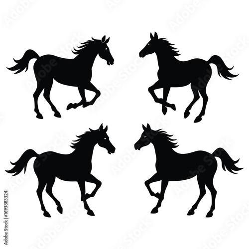 Four dynamic black horse silhouettes in galloping poses against a white background representing freedom and power