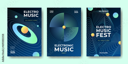 Electro music sound wave posters with gradient circles and rhythmic lines for festival events - dark backgrounds with neon accents. Electronic party flyers for celebrations or nightclub promotions.