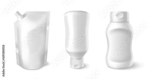 White sauce package set with bottle, pouch and squeeze container for condiments or liquid products. Blank doypack with spout, inverted tube and plastic jug. Mockup templates for food packaging design.