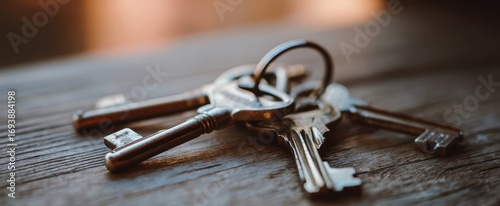The Keys on a Rustic Wooden Table with Shallow Depth of Field