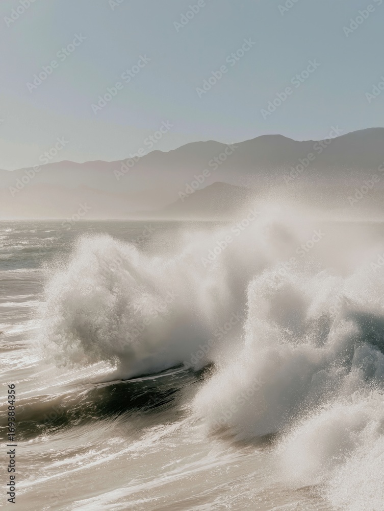 Obraz premium Photograph of a beach scene with a large wave crashing onto the shore. the wave is white and foamy, and it is breaking on the right side of the image.