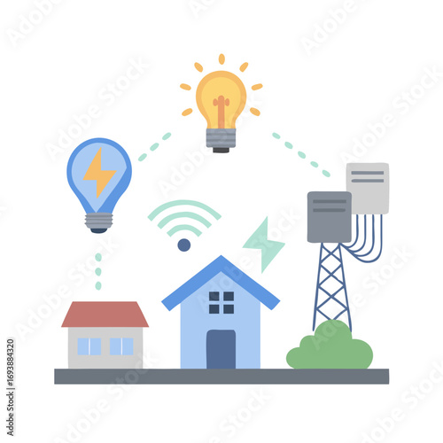 Smart home energy network illustration showing data flow between house power grid elements
