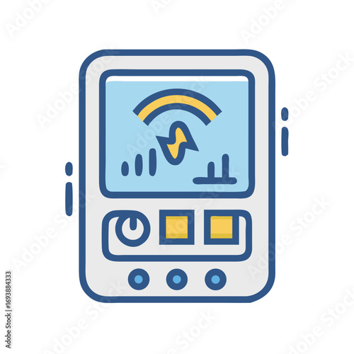 Digital monitoring device icon with signal and control panels displayed on a screen, isolated