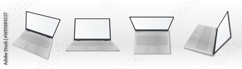 Silver laptop mockup set with blank screens for presentation and design showcase. Multiple viewing angles with open notebooks and white monitors for web or app display. Professional computer templates