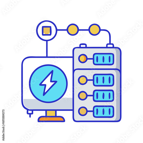 Digital server and computer network illustration connecting to main frame with electricity symbol