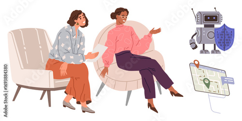 Two women conversing in chairs while pointing at a robot with a shield and a map interface. Ideal for innovation, tech integration, collaboration, cybersecurity, navigation, teamwork, brainstorming