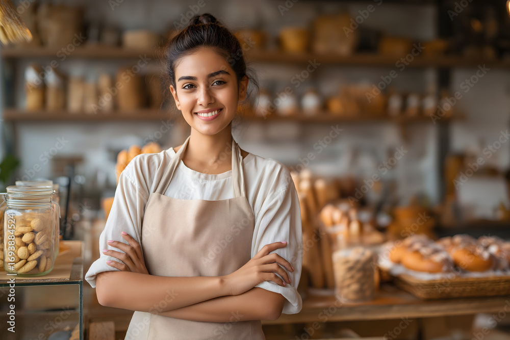 Obraz premium Young Indian Woman Standing with Crossed Arms in Bakery Surrounded by Bread and Cookies