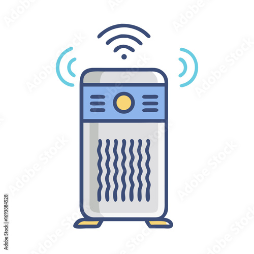 Smart air purifier with wifi connectivity showing clean air, vector illustration on black background