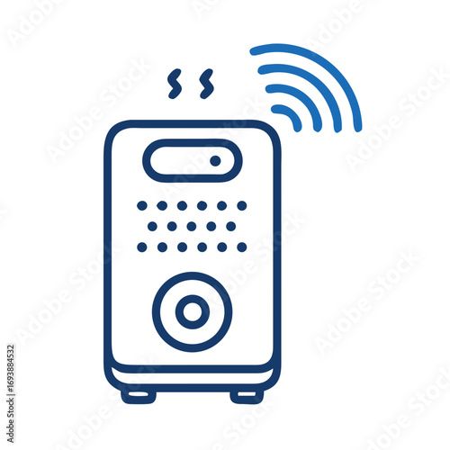 Blue outline icon of a humidifier emitting steam and wireless signal against a black background