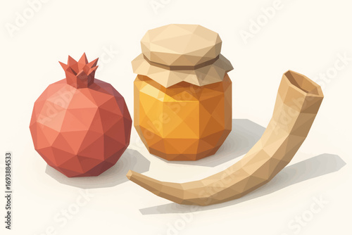 Vector low poly style of pomegranate, honey jar and shofar for Rosh Hashanah, modern geometric festive illustration.