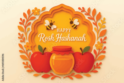 Vector papercut style greeting for Rosh Hashanah with apples, honey and bees, vibrant festive composition with floral elements.