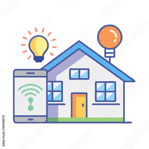 Smart home automation system controlling lights with a smartphone app, vector illustration