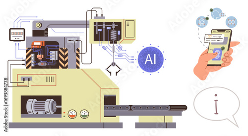 Industrial robot controls advanced machinery, connected via smartphone app, with data and AI icon representation. Ideal for automation, manufacturing, AI integration, IoT, robotics, smart industry