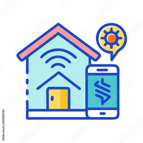 Smart home technology concept with house icon and mobile app, vector illustration