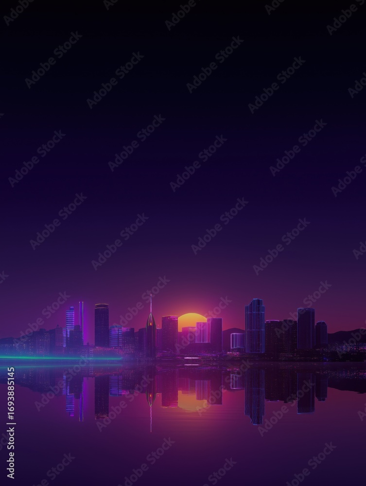 Obraz premium Digital illustration of a city skyline at sunset. the sky is a deep purple color with the sun setting in the background, casting a warm glow over the buildings.