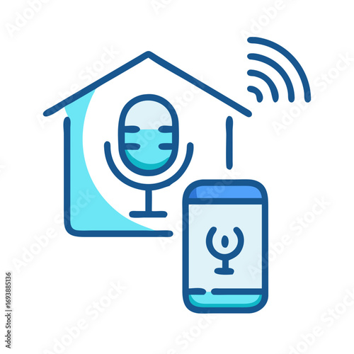 Smart home voice assistant device control and connectivity illustration on black background