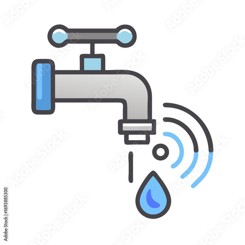 Stylized faucet with water droplet and signal icon symbolizing smart water technology