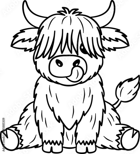 Cute Highland Cow Outline Cartoon