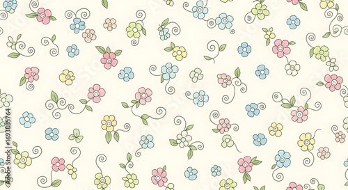 Delicate pastel floral pattern with whimsical swirls and leaves, perfect for charming invitations, stationery, and sweet nursery decor.