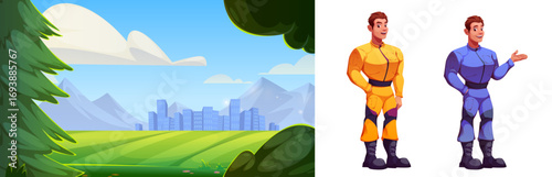 Cartoon landscape with green field and city skyline, mountains and clouds in horizon, view from forest. Male character in blue and yellow uniform for explainer or mascot for business presentation.