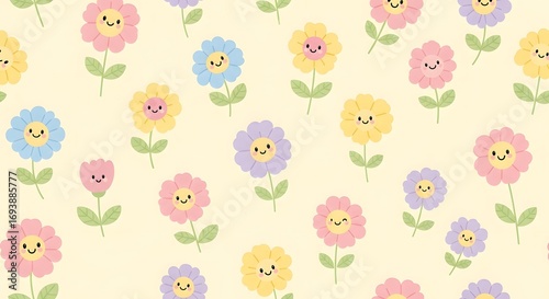 Charming pastel flowers with cute smiling faces bring joy and whimsy to any springtime or children's project design