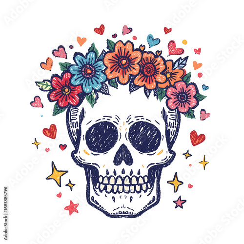 Halloween skull with a crown of colorful flowers, decorated with floating hearts and stars in a whimsical, sketchy style