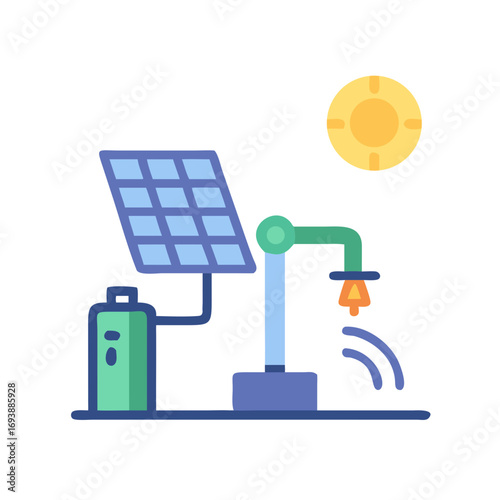 Icon style illustration showcasing solar energy powering a water pump system with sun icon