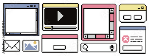 Pixel frame ui collection with retro browser windows, video player and application interfaces. 8 bit style borders with buttons, search bars and controls. Digital nostalgic elements for web design.