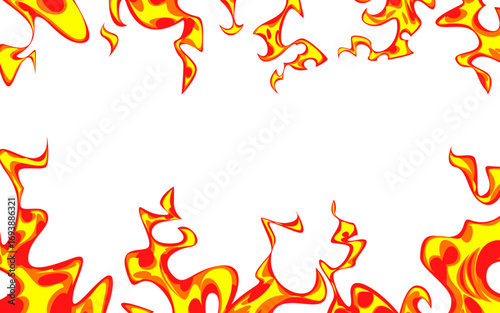 Anime fire background frame with bright yellow and red flames in decorative border on white bg for game interfaces or posters. Cartoon blaze elements. Dynamic heat effect for digital art or animation.