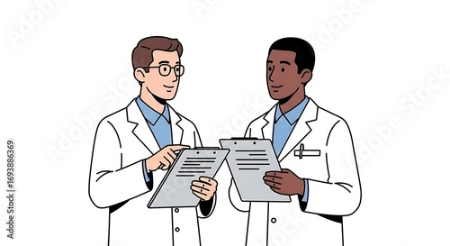 Cartoon illustration of two doctors discussing medical report