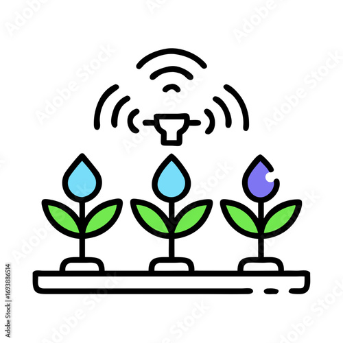 Simple illustration of three water droplets, one with an eye, sprouting from green leaves